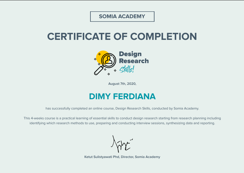 Sertifikat Somia Academy Design Research Skills untuk Dimy Ferdiana